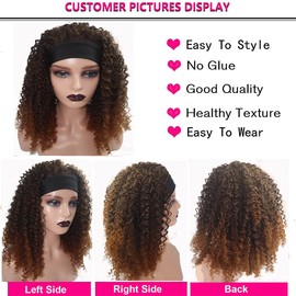 Headband Wigs for Black Women Ombre Brown Short Afro Kinky Curly Glueless Headband Wig ,Gusif 12 Inch Brown None Lace Front Glueless Wigs for Black Women Kinky Curly Wig