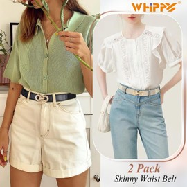 WHIPPY 2 Pack Women Skinny Elastic Belt for Dresses Ladies Thin Stretchy Waist Belt with Round Gold Buckle, Black+Beige, XL