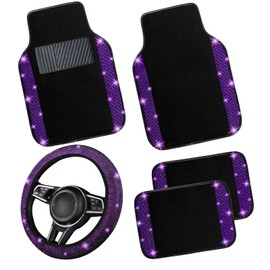NBTEPEM Bling Car Floor Mats Full Set and Steering Wheel Cover, Universal Fit Most Cars, 4 pcs Sparkle Glitter Diamond Carpet, 5 pcs Bling Car Accessories Set for Women (Purple Violet Diamond)