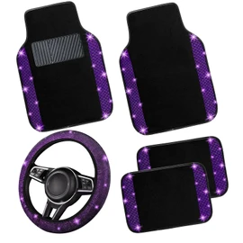 NBTEPEM Bling Car Floor Mats Full Set and Steering Wheel Cover, Universal Fit Most Cars, 4 pcs Sparkle Glitter Diamond Carpet, 5 pcs Bling Car Accessories Set for Women (Purple Violet Diamond)