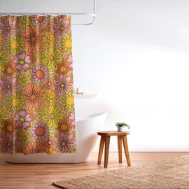 Society6 Shower Curtain - Bathroom Decor by Doodle by Meg - Fabric Shower Curtains for Bathroom, 72" x 69", Groovy Flowers in Orange