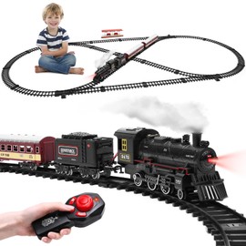 Train Set for Kids,Remote Control Locomotive Engine Under Christmas Tree,Electric Model Train W/Carriages and Long Tracks,Train Toy Gift for Boys Girls Age 4-12