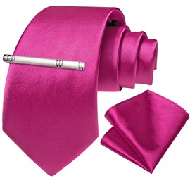 DiBanGu Solid Pink Tie for Men Wedding Business Silk Hot Pink Necktie and Pocket Square Cufflinks Tie Clip Set