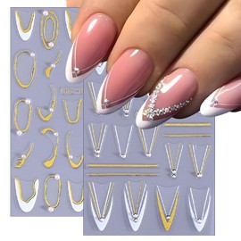 French Line Diamond Nail Art Stickers 3D Self-Adhesive Exquisite Gold and White French V Designs Nail Decals Irregular Metallic French Line Pearls Nail Supplies for Women Girls DIY Nail Decoration