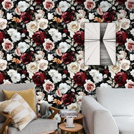 Vintage Red/Pink/White Floral Wallpaper,17.71" x 236.2" Modern Aesthetic Wall Paper, Waterproof Vinyl Countertop Contact Paper for Kitchen Cloakroom Hallway Bedroom