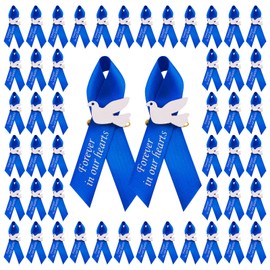 WANDIC 100 PCS Blue Satin Ribbon Pins with Dove, Memorial Ribbon Brooches in Forever in Our Hearts for Funeral Mourning Event Bereavement Remembrance