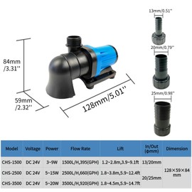CONQUERALL CHS-2500 15W Pond Pump DC 24V 660GPH(US) 12.4FT Energy Saving Submersible Pump with 3 Years Warranty For Freshwater, Seawater, Fountains, Koi Ponds, Fish Farms, Circulation Systems