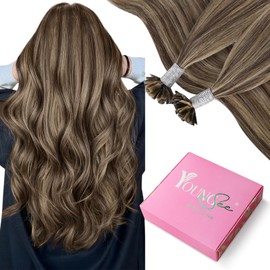 YoungSee U Tip Hair Extensions Human Hair Brown with Blonde Highlight Utip Hair Extensions Human Hair Brown Ktip Human Hair Extension Highlight Hair Extension U Tip for Women 14In 1G/S 50G