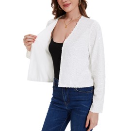 MINTLIMIT Women's Sequin Cardigan Short Open Front Cardigan Long Sleeve Bolero Thin Elegant Glitter Jacket Bolero Jacket, W white