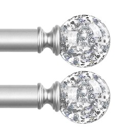 TVWOO Silver Decorative Crystal Curtain Rods 2 Pack:18-45"Heavy Duty Adjustable Window Curtains Rods for Bedroom Living Room,Nickel Modern Girly Acrylic Drapery Rod Set with Sheer Bling Foil Finials