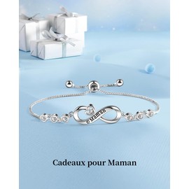 CheersLife Gift Mum Bracelet Silver Original Gifts Mother's Day Birthday Christmas Thanksgiving Zirconia Infinity Symbol Engraved with Maman Silver Jewellery Adjustable FR