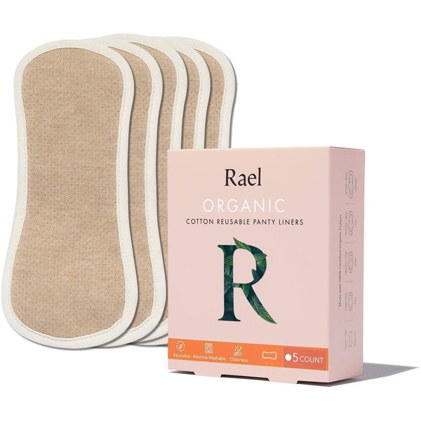 Rael Organic Reusable Cloth Pantyliners - Soft and Thin, Leak Free, Washing Machine Safe, Daily Pantyliner, Set of 5 (Tan)