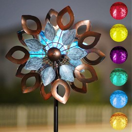 Cyan Oasis Copper Wind Spinners Outdoor 74 Inches with Solar LED Light, Kinetic Dual Wind Sculptures & Spinners for Yard Lawn Garden Decor, Large Metal Clearance Windmill with Bronze Leaf