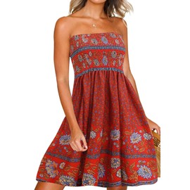 Boho Tops for Women Smocked Boho Floral Summer Sun Dresses Casual Beach Strapless Dress Red S