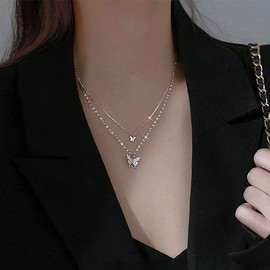 2줄 체인 목걸이 나비 큐빅 믹스 (WFJ8Q5V) Two-Line Chain Necklace Butterfly Cubic Mix (WFJ8Q5V)