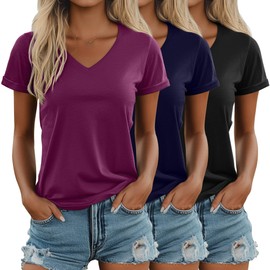 Ficerd 3 Pack Women's V Neck T Shirts, Cotton Summer Casual Short Sleeve Tops Loose Fit Rolled Sleeve Tees 2025 Trendy Shirts(Black, Navy Blue, Fuchsia,XX-Large)