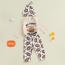 Tuwetueua Baby Boy Football Outfit Long Sleeve Crewneck Romper and Football Print Pants 3Pcs Sets Newborn Boy Clothes (Beige, 0-3 Months)