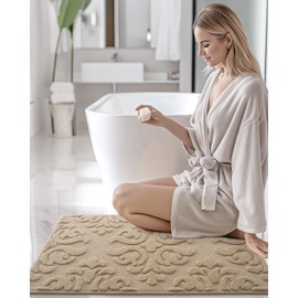 DEXI Bathroom Rug 17x30, Non Slip Washable Bath Mat for Shower Floor, Absorbent Soft Bathmat with Rubber Backing, Plush Fluffy Microfiber Floral Retro Carpet, Beige