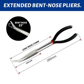 Jortmrd Extra Lange Spitzzange Gebogen 25° Lange Zange mit Gezahnten Backen für Schmuckherstellung, Angelbedarf Enge Hand Tool Hardware Industrial aus Stahlmaterial mit Griff (Schwarz 280mm)