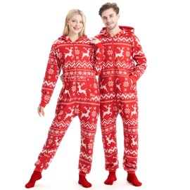 Giggling Getup Red Women Adults Christmas Pajamas with Hood, Loose Nordic Print Pattern Christmas Pajamas for Holiday Pajamas Jumpsuits-S