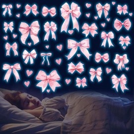 Glow in The Dark Pink Bow Wall Stickers Glowing Luminous Light Pink Bow Knot Wall Decals Watercolor Coquette Wall Art Decor Wallpaper for Nursery Kindergarten Girls Bedroom