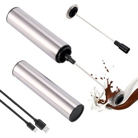 Micro Rechargeable Foamer| Handheld Battery Operated Milk Frother for Coffee| Travel Drink Mixer with Patent 2 Stainless Steel Whisk Heads| Keto Coffee, Latte, Cappuccino, Hot Chocolate| Silver
