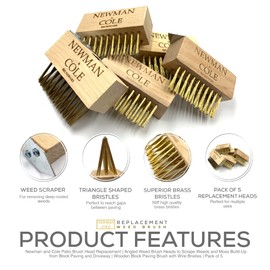 Newman and Cole Patio Brush Head Replacement | Angled Weed Brush Heads to Scrape Weeds and Moss Build-Up from Block Paving and Driveway | Wooden Block Paving Brush with Wire Bristles | Pack of 5