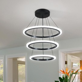 O'NEELDY Modern 3 Ring LED 52W Black Pendant Light with Irregular Ring Lights Adjustable Hanging Lamp for Dining Room Bedroom Kitchen Island Cafe