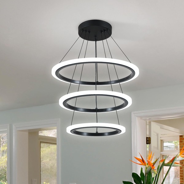 O'NEELDY Modern 3 Ring LED 52W Black Pendant Light with