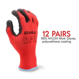 EDIMAX, Work Gloves, 12 Pairs (Size M/8), High Abrasion and Tear Resistance Level 3, Naylon PU Coating, Versatile, Mechanical and Industrial Protection, Red