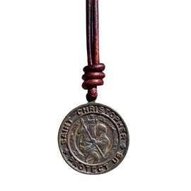 St Christopher Round Coin Medal Necklace - Gold Travelers Saint, Men Gifts, Catholic Protection Pendant, Guardian Angel, Driver Medallion, Guide Us (Rustic Brown)