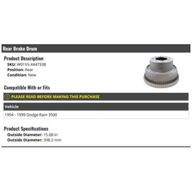 Marketplace Auto Parts Rear Brake Drum - Compatible with 1994-1999 Dodge Ram 3500