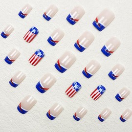 Independence Day Blue French Press on Nails Short Square Stars Red White Stripes Design 4th July Nude Acrylic False Nail Full Cover Patriotic Artificial Fingernails Glossy Glue on Nail for Women