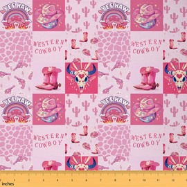 Feelyou Pink Western Decor Fabric by The Yard 1 Yard Longhorn Skull Waterproof Outdoor Fabric Wild Western Cowboy Bull Skull Cowboy Boots Upholstery Fabric for Chairs Plaid Outdoor Fabric