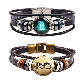 YANCHUN 2 Pcs Punk 12 Zodiac Constellation Bracelet Leather Horoscope Bracelet Bangle Set for Women Men (Gemini)