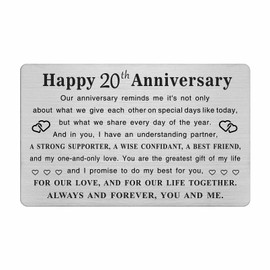 TGCNQ Metal Engraved 20 Year Anniversary Card, 20th Anniversary Card Gifts for Husband Wife Him Her, 20 Year Wedding Anniversary Decorations
