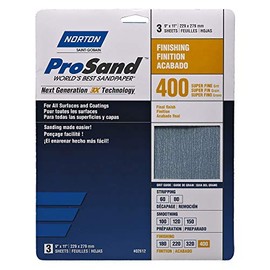 Norton Sandpaper, ProSand Sand Paper for Wood, Metal and Fiberglass, 400 Grit Sanding Sheets, Fine Sandpaper, Pack of 3