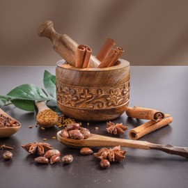 Light & Pro Handmade Carved Wooden Mortar Pestle Set Rustic Style Herb Spice Grinder Masala Mixer Manual Bowl Seasonings Pill Crusher Kitchen Utensil, Garlic Press, Coffee Grinder - 3 Inch - Natural