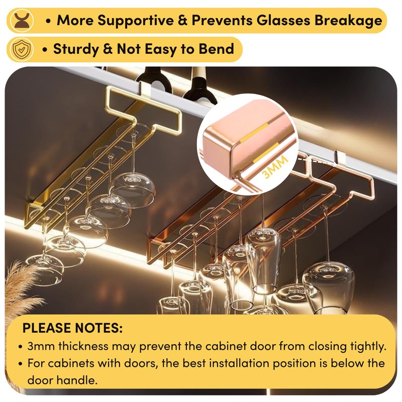 LINFIDITE 2 Pack Under Cabinet Wine Glass Rack Rose Gold