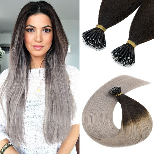 Hairro Nano Ring Hair Extensions Human Hair 16 Inch #1BTGrey Ombre Black to Grey Nano Tip With Beads Real Remy Human Hair Extension Invisible Nano Link Hair For Women Pre Bonded 1g/s 50g/pack