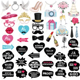 Lemicin Photo Box Accessories Wedding Props: Pack of 50 Wedding Photo Booth Props German Sayings Photo Booth Party Glasses Hat Tie for Wedding JGA Party Decoration Wedding Pictures