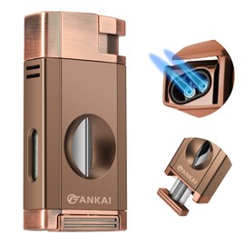 FANKAI Torch Lighter with Cigar V Cutter, Cigar Lighter Double Jet Flame Refillable Butane Lighter 2 in 1 Windproof Lighters for Smoking with Gift Box (Butane Not Included)