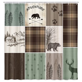 bzwcbei Cabin Retro Rustic Lodge Shower Curtain, Bear Deer Country Hunting Wild Animal Fabric Shower Curtains, Plaid Check Adventure Bathroom Curtain Liner with Hooks (48x70)