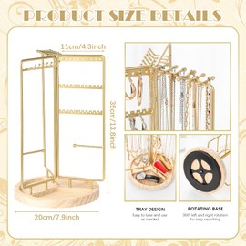 Chris.W Jewelry Holder Organizer, 360° Rotating Jewelry Display 3 Independent Sections, Metal Frame Earring Bracelet Stand with Tray, Jewelry Tower Organizer for Necklaces Bracelets Earrings (Gold)