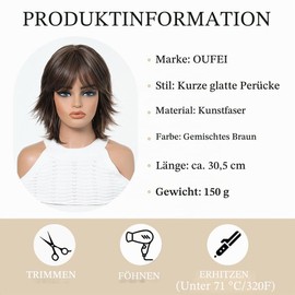 OUFEI Brown Bob Wigs with Blonde Highlights and Curtain Bangs for Women, Short Tiered Straight Wigs Made of Synthetic Hair for Everyday Parties and Cosplay