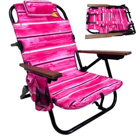 Backpack Beach Chair - 5 Positions and Lays Flat - Deluxe Wood Arm Rests - Cup Holder Storage Pouch on Side - Padded Pillow - Storage Bag on Back - Lightweight Rustproof Aluminum - 1 Pack Pink Stripes