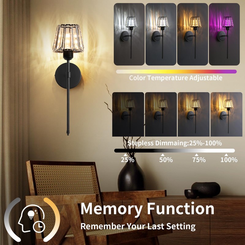 Battery Operated Crystal Wall Sconce Set of 2, Black Rechargeable