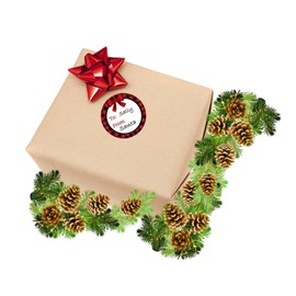 20 red buffalo plaid Christmas gift tag labels, Peel and stick, 2" size