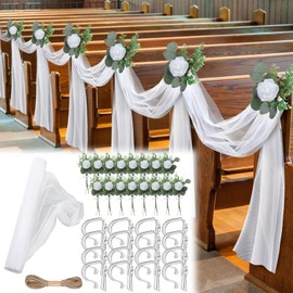 Riceshoot 34 Pcs Church Pew Wedding Decorations White Fabric Tulle Silk Flower Pew Clips Rose Eucalyptus Wedding Aisle Decor for Church Ceremony Banquet Reception