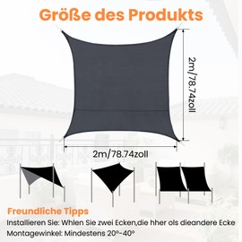 Jeffbaubl Awning Waterproof 2 x 2 m, Rectangular Sun Sail, Sun Protection Weather Protection Awning, UV Protection with Mounting Ropes for Balcony, Garden, Patio, Outdoor Use (Dark Grey)